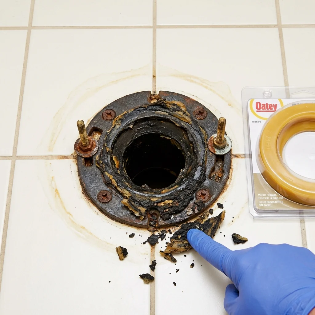 Failed wax ring showing water seepage at the base of a toilet in a Middletown, MD home