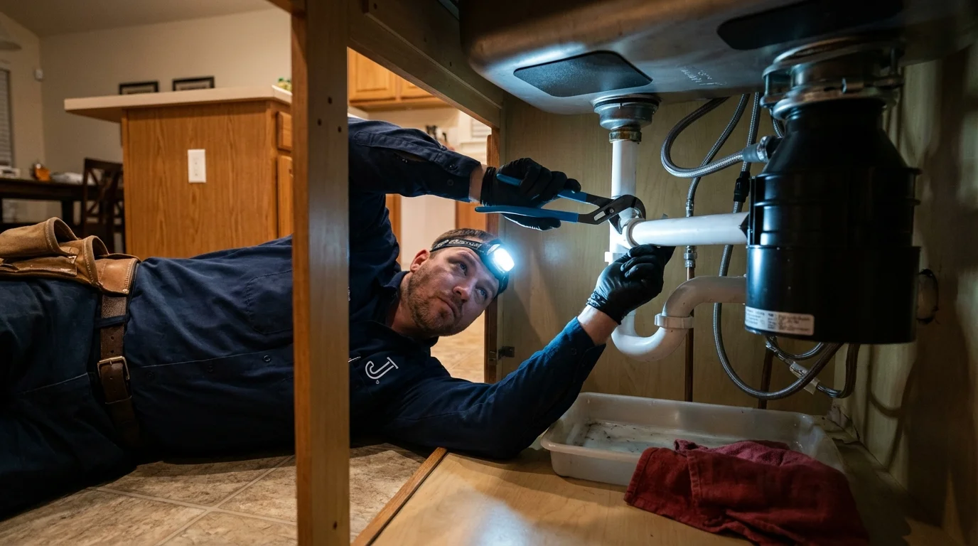 P-trap and supply line connections under a kitchen sink showing a common leak point in Middletown, MD